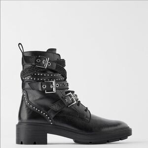 NWT ZARA Studded Rhinestone Buckle Moto Leather Boots 37